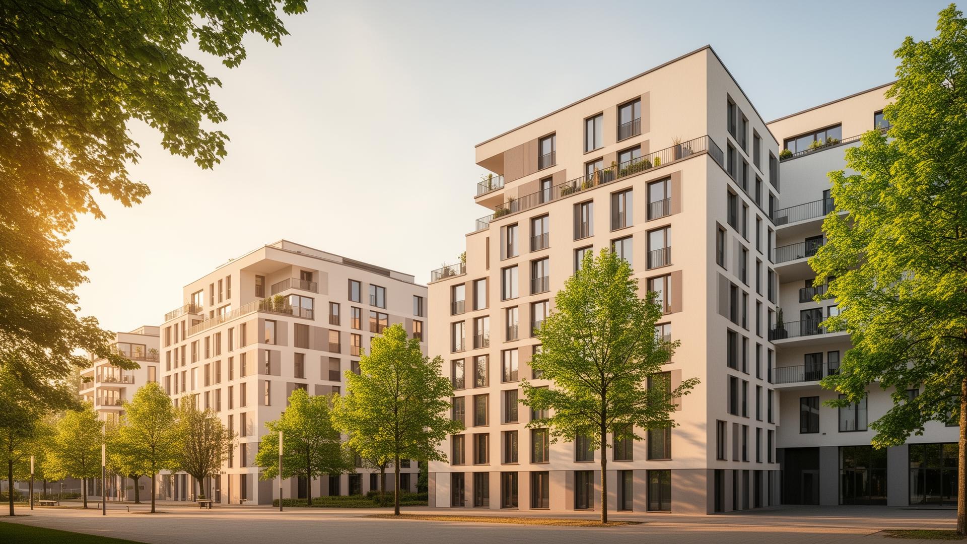 Moderne Wohngebäude in Essen umgeben von grünen Bäumen